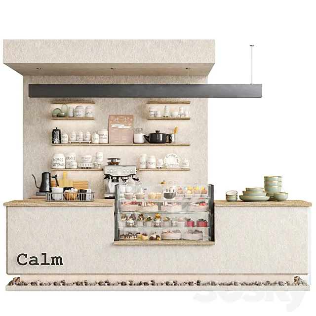 Designer coffee shop with stones and a display case with desserts Free Download