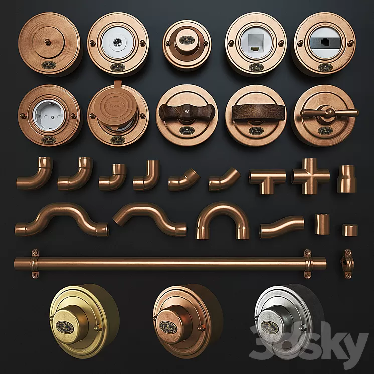 Designer wiring in metal pipes + retro sockets and switches 3D Model