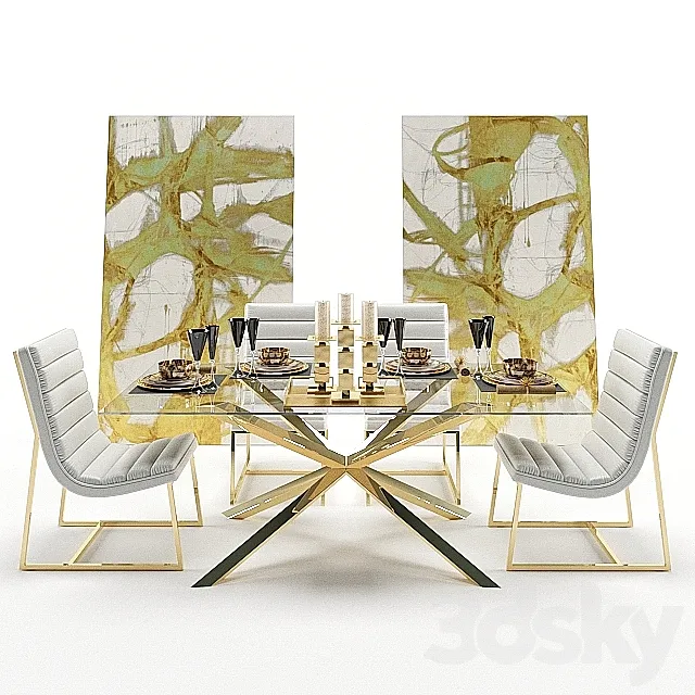 Dining table glass with armchairs and decor 3D Model