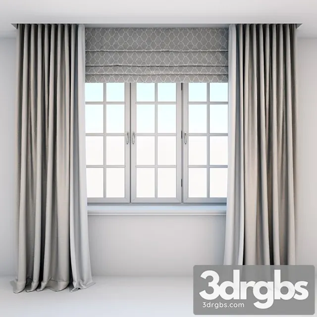 Direct curtains in the floor and roman curtains in a modern style with a window 3D Model Download