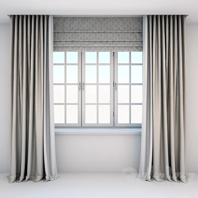 Direct curtains in the floor and Roman curtains in a modern style with a window 3D Model Direct curtains in the floor and Roman curtains in a modern style with a window 3D Model
