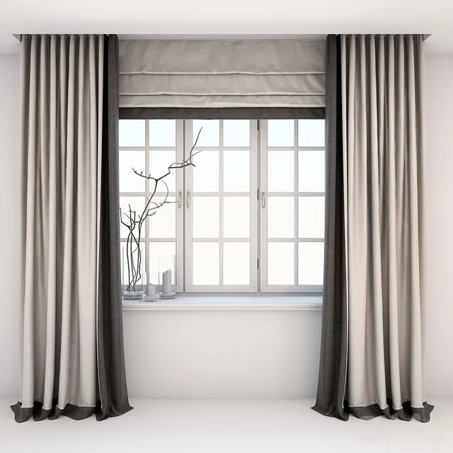 Direct two-color curtains in the floor and Roman curtains in a modern style with a window 3D Model Direct two-color curtains in the floor and Roman curtains in a modern style with a window 3D Model