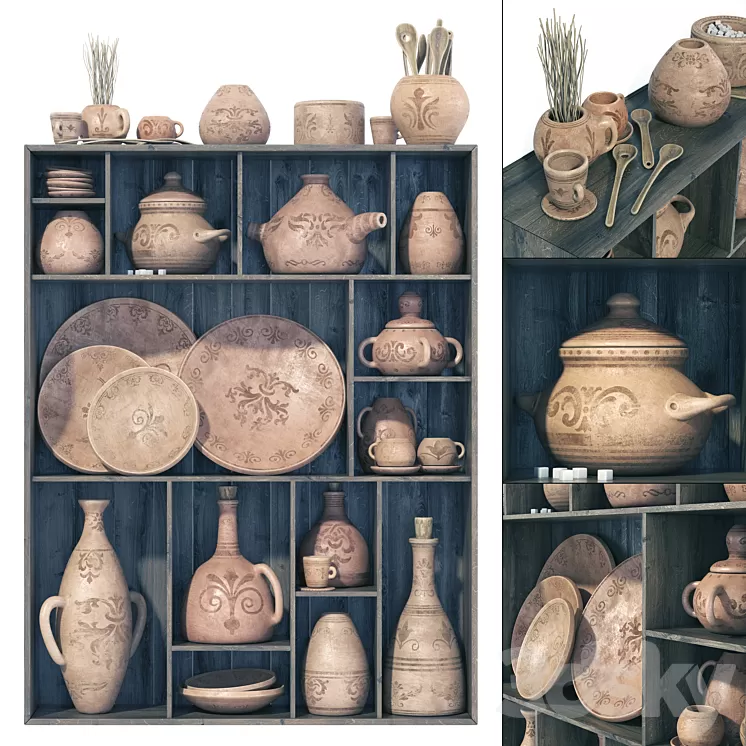 Dishes clay pattern n1 / Rack Clay crockery with patterns 3D Model