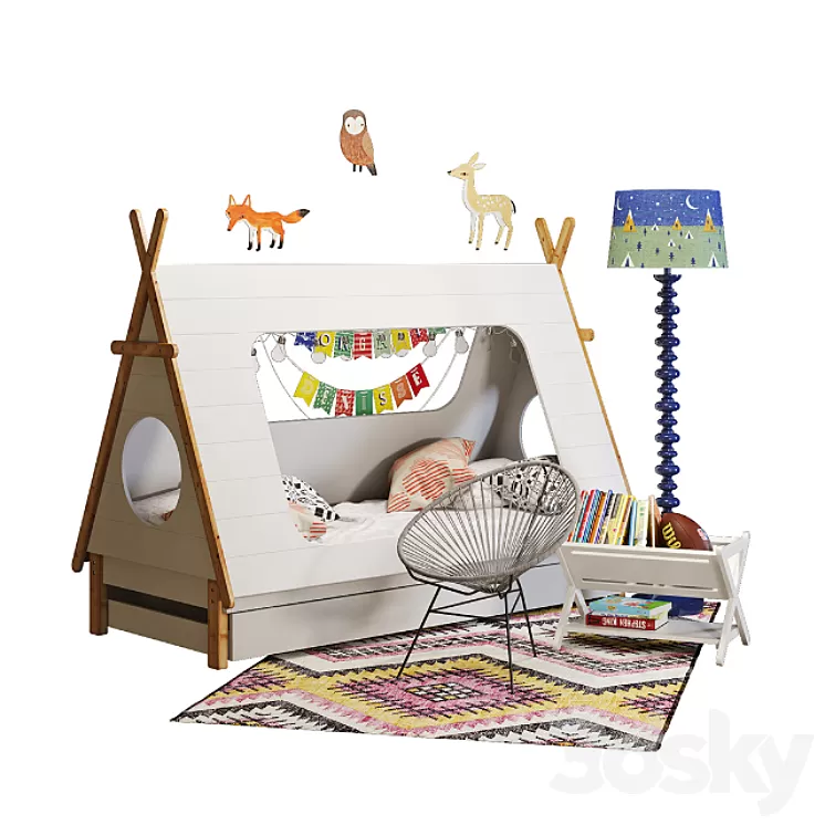 Domayne tee pee-bed with crate & barrel decor 3D Model