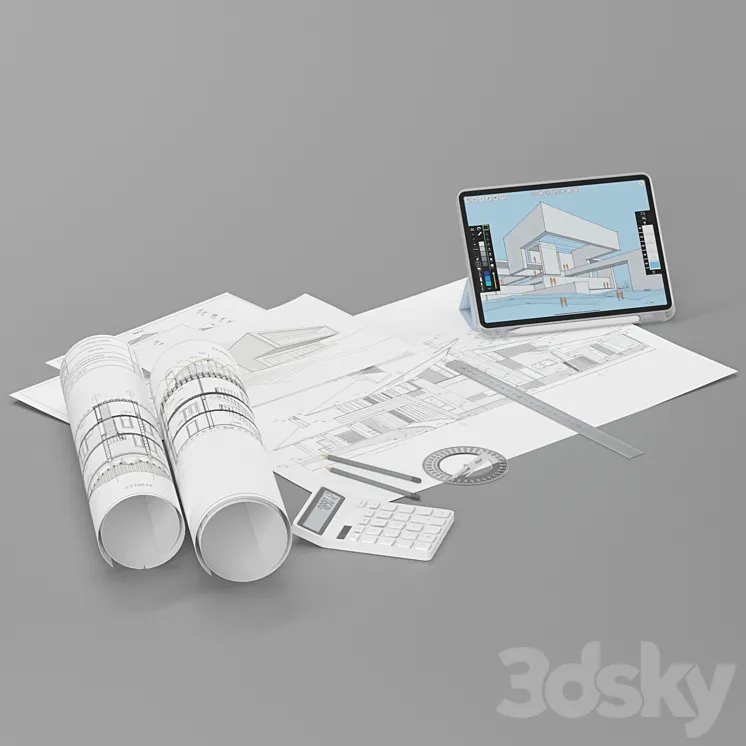 Draftsman architect set desktop filling 3D Model Free Download