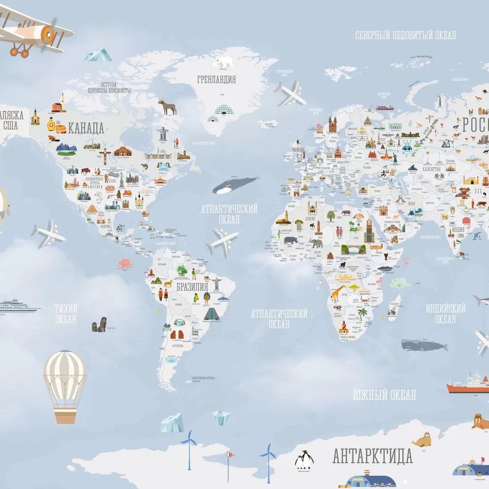 Dress-wall – Wallpaper World map with landmarks blue 3D Model