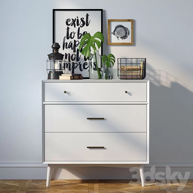 Dresser Mid-Century 3-Drawer Dresser + decor 3D Model