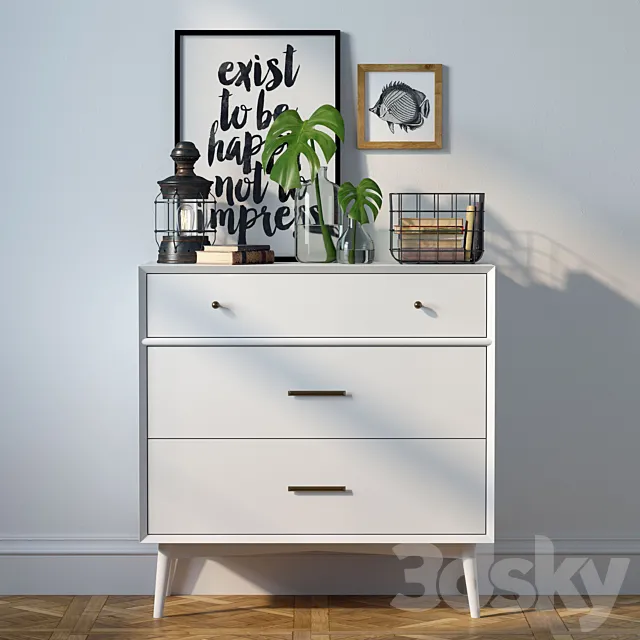 Dresser Mid-Century 3-Drawer Dresser + decor 3DModel