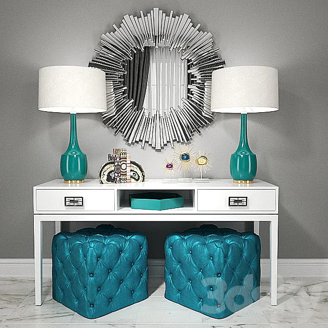 Dressing table with puffs. lamps and decor 3DModel Dressing table with puffs. lamps and decor 3DModel