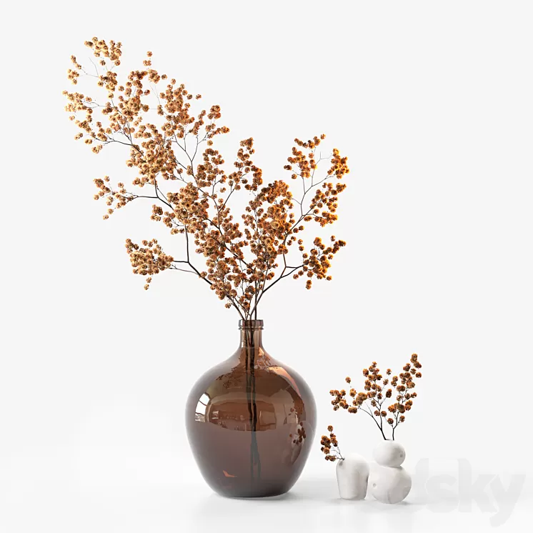 Dried flower branch in a large brown jar 3D Model Free Download