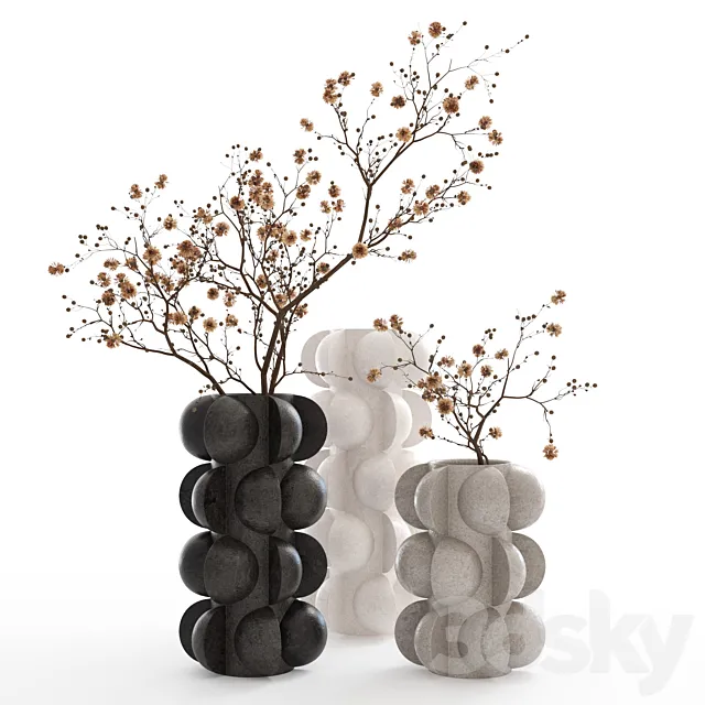 Dry branches in vases with spheres. 3D Model