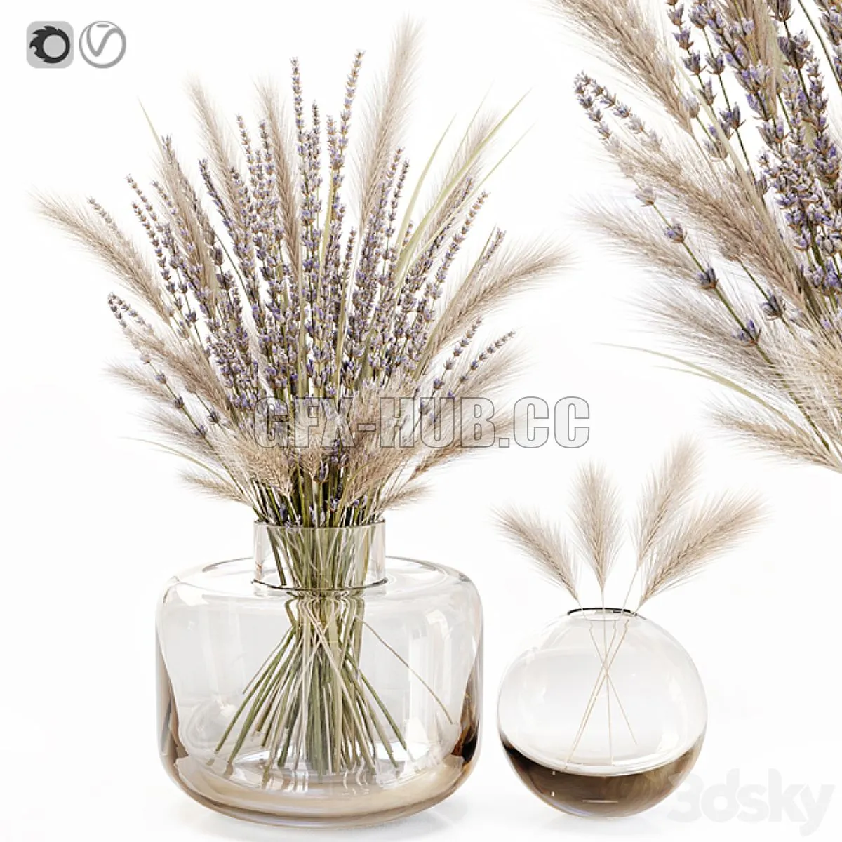 Dry flowers in glass vase with lavender 3D Model Dry flowers in glass vase with lavender 3D Model