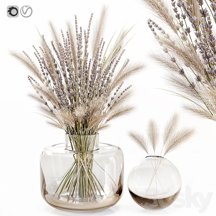 Dry flowers in glass vase with lavender 3D Model