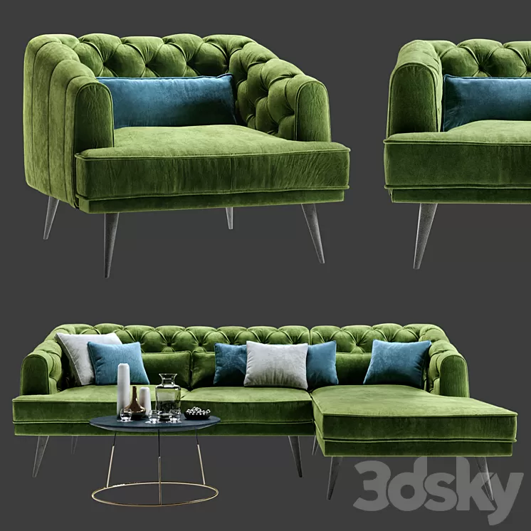 Earl Gray Corner Sofa with Chaise and Armchair 3D Model Earl Gray Corner Sofa with Chaise and Armchair 3D Model