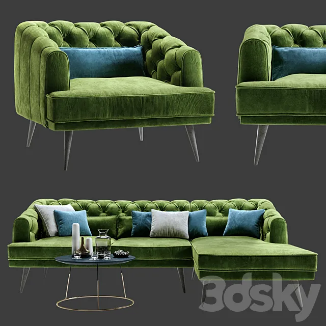 Earl Gray Corner Sofa with Chaise and Armchair 3DModel