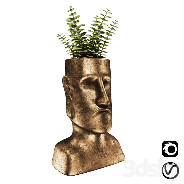 Easter Island bronze sculpture with plant 3D Model