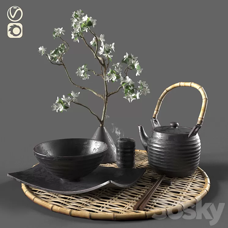 Eastern tableware with flowers 3D Model