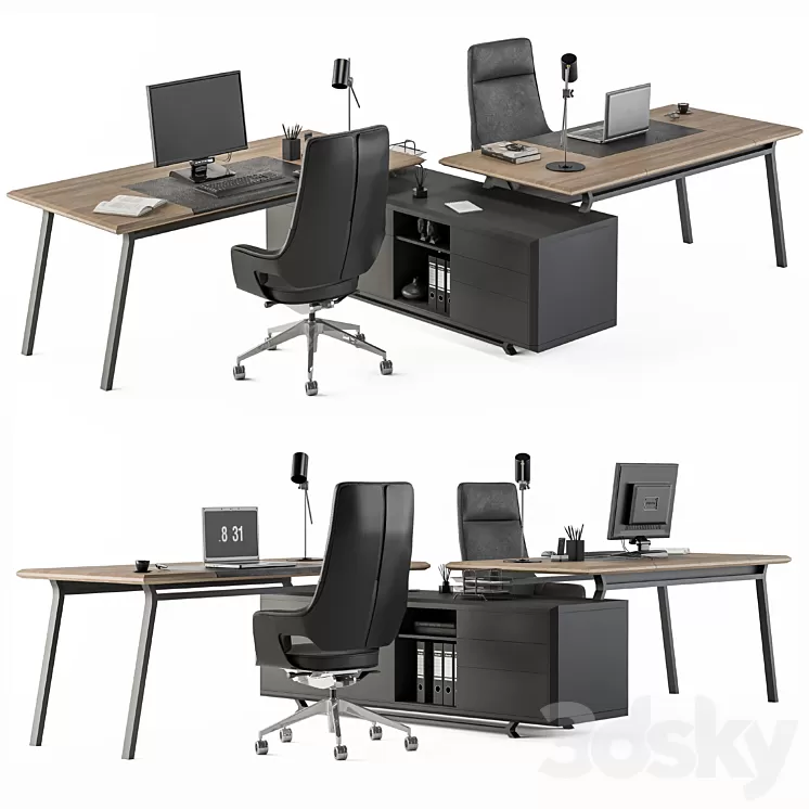 Employee Set Wood and Black – Office Furniture 270 3D Model
