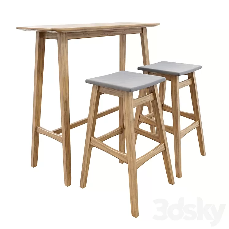 Ethel Natural Walnut Finish Rectangular 3 Piece Bar Set 3D Model