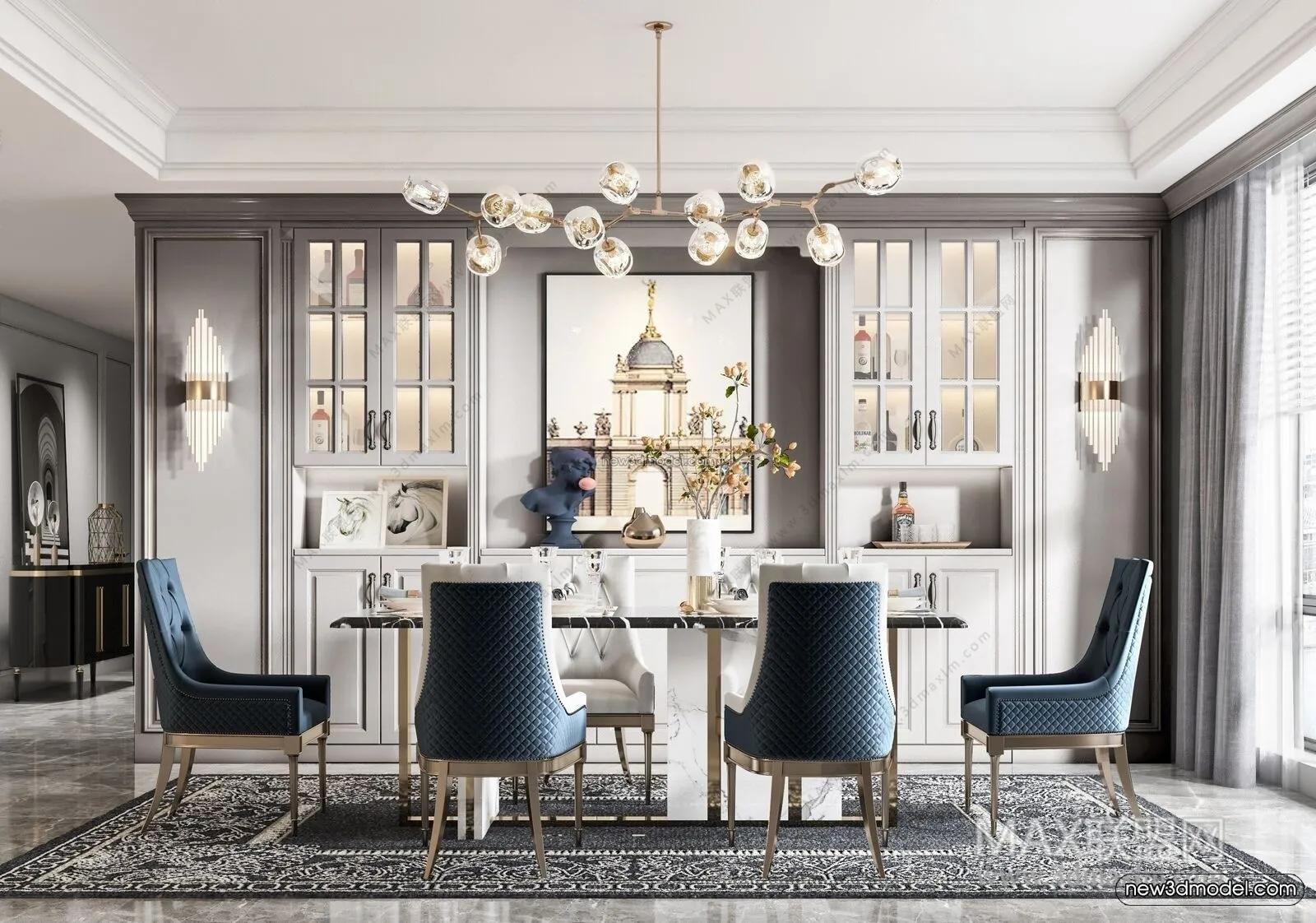 Europe Style Interior 3D Blocks – Dining Room 3D Model – 215 – VRAY