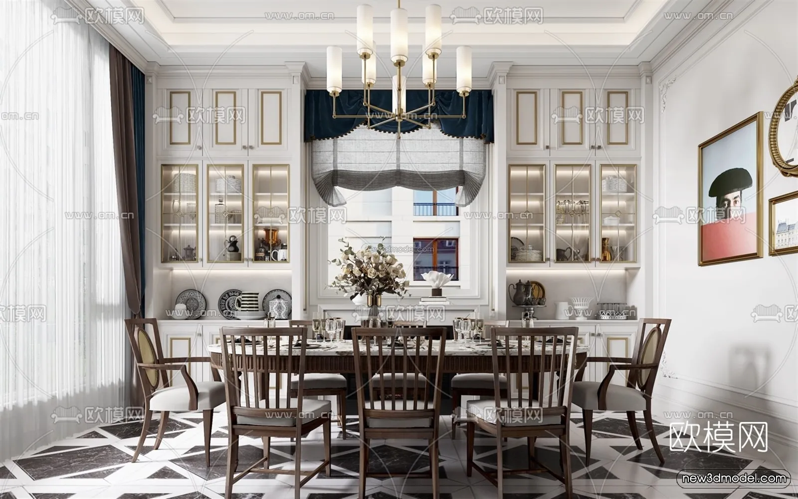 Europe Style Interior 3D Blocks – Dining Room 3D Model – 217 – VRAY