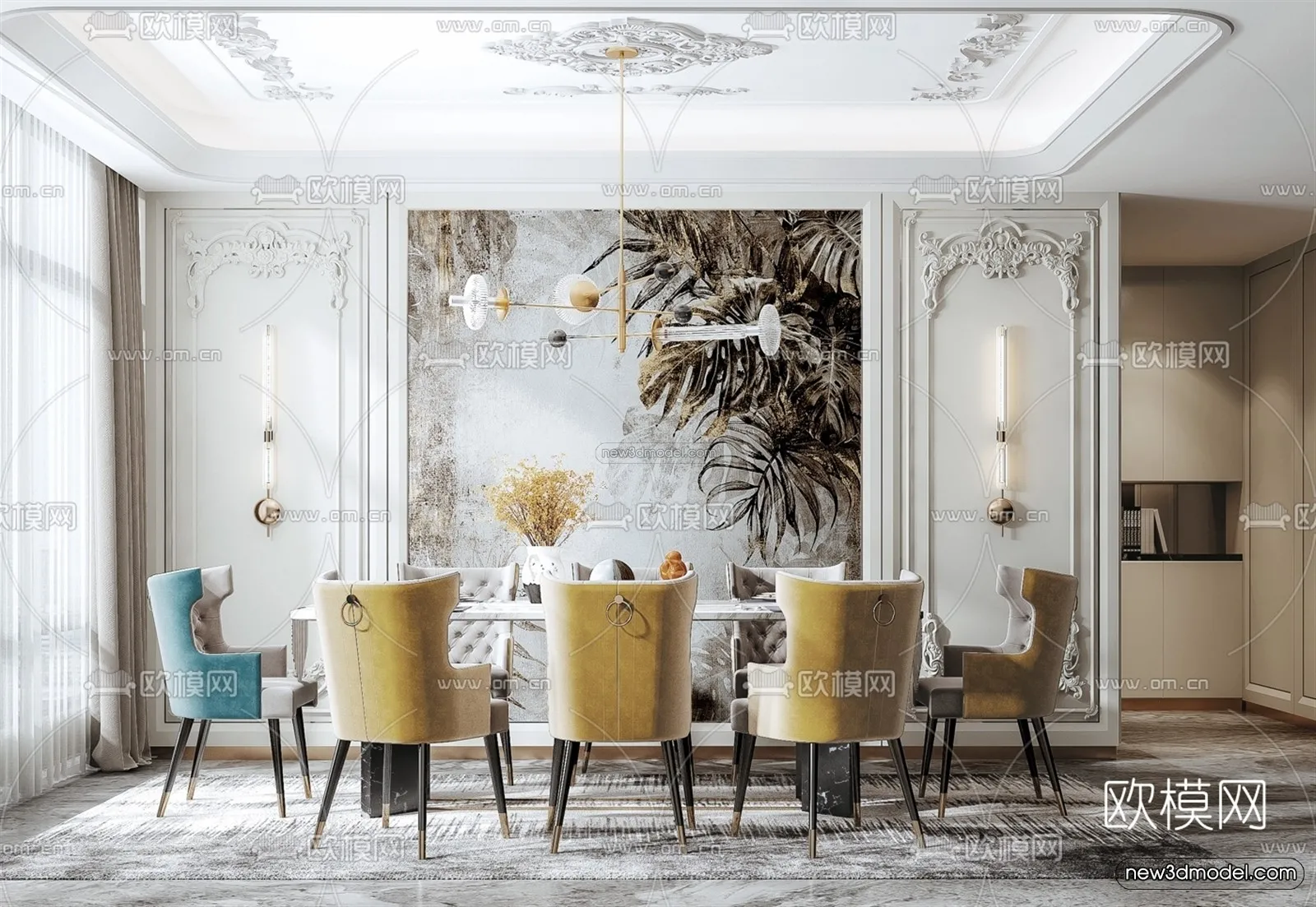 Europe Style Interior 3D Blocks – Dining Room 3D Model – 218 – VRAY