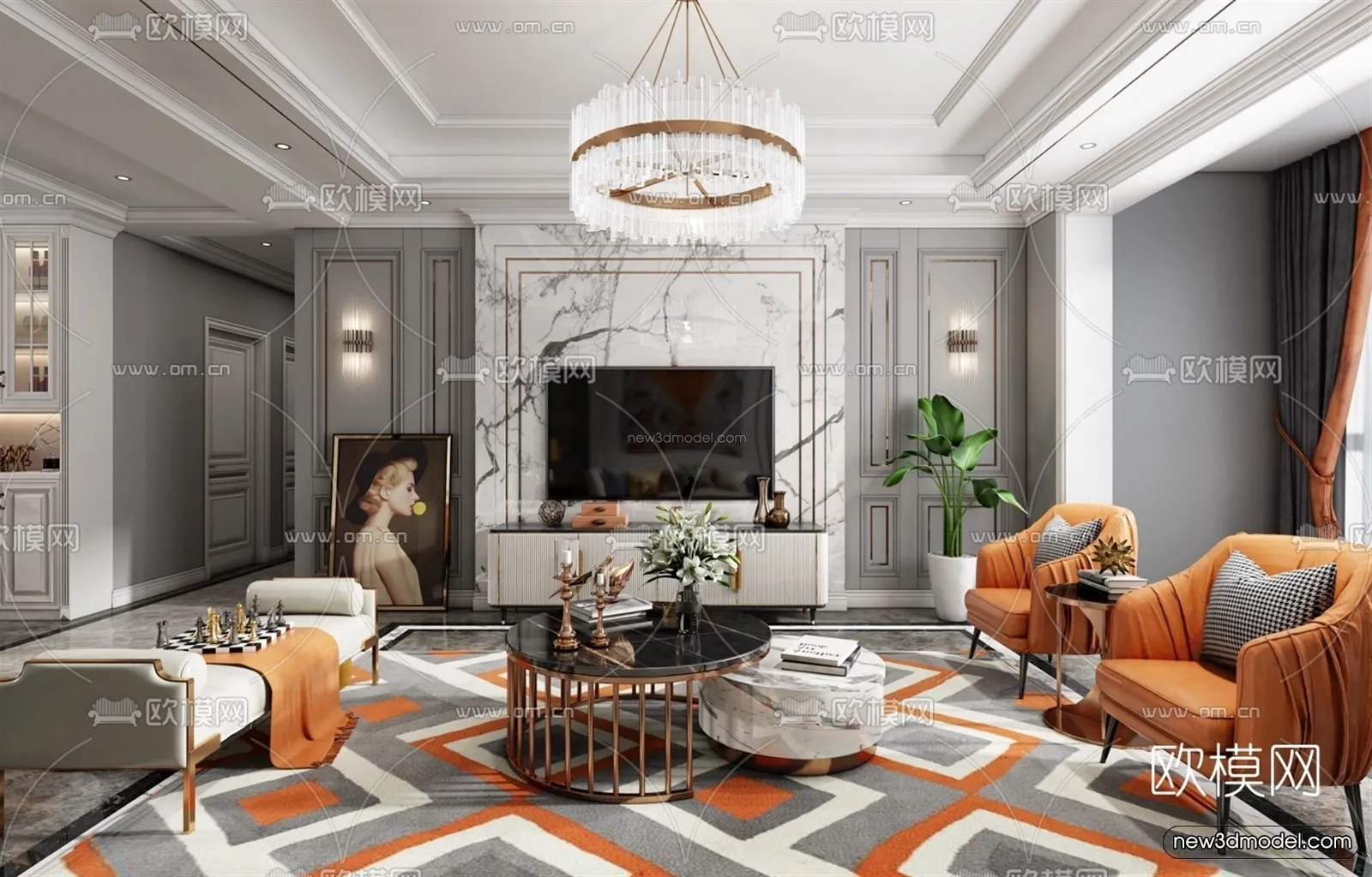 Europe Style Interior 3D Blocks – Living Room 3D Model – 155 – VRAY