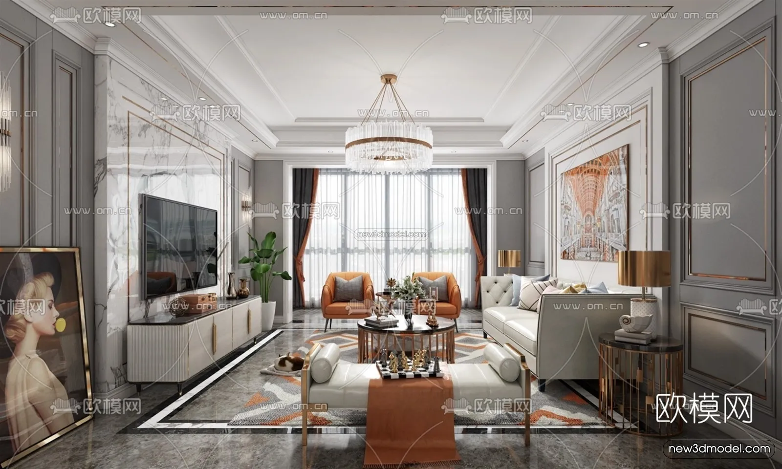 Europe Style Interior 3D Blocks – Living Room 3D Model – 156 – VRAY