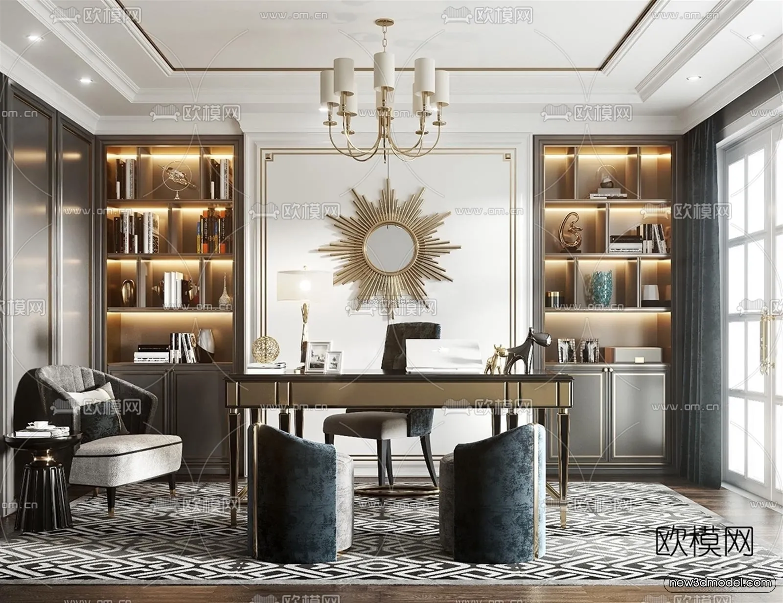 Europe Style Interior 3D Blocks – Study Room 3D Model – 337 – VRAY