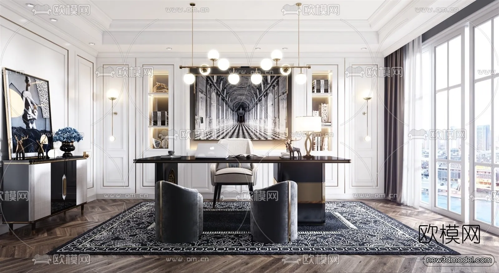 Europe Style Interior 3D Blocks – Study Room 3D Model – 338 – VRAY