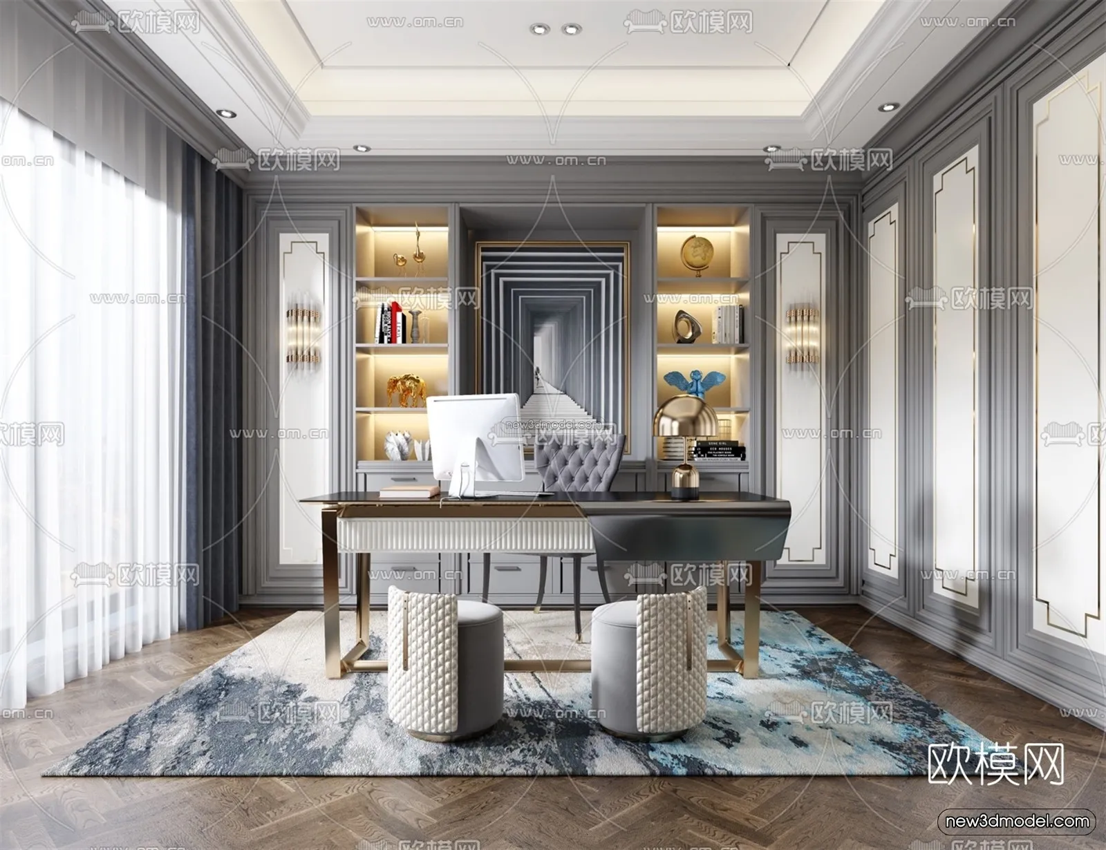 Europe Style Interior 3D Blocks – Study Room 3D Model – 339 – VRAY