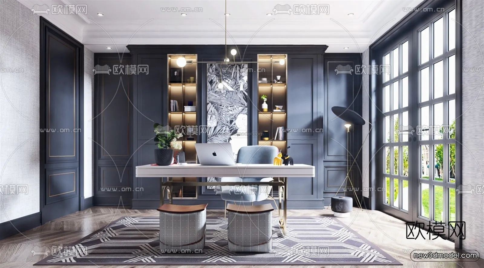 Europe Style Interior 3D Blocks – Study Room 3D Model – 340 – VRAY