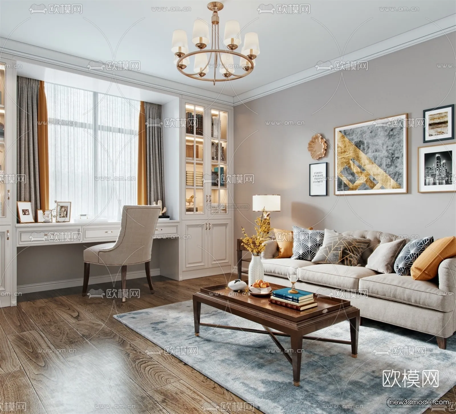 Europe Style Interior 3D Blocks – Study Room 3D Model – 342 – VRAY