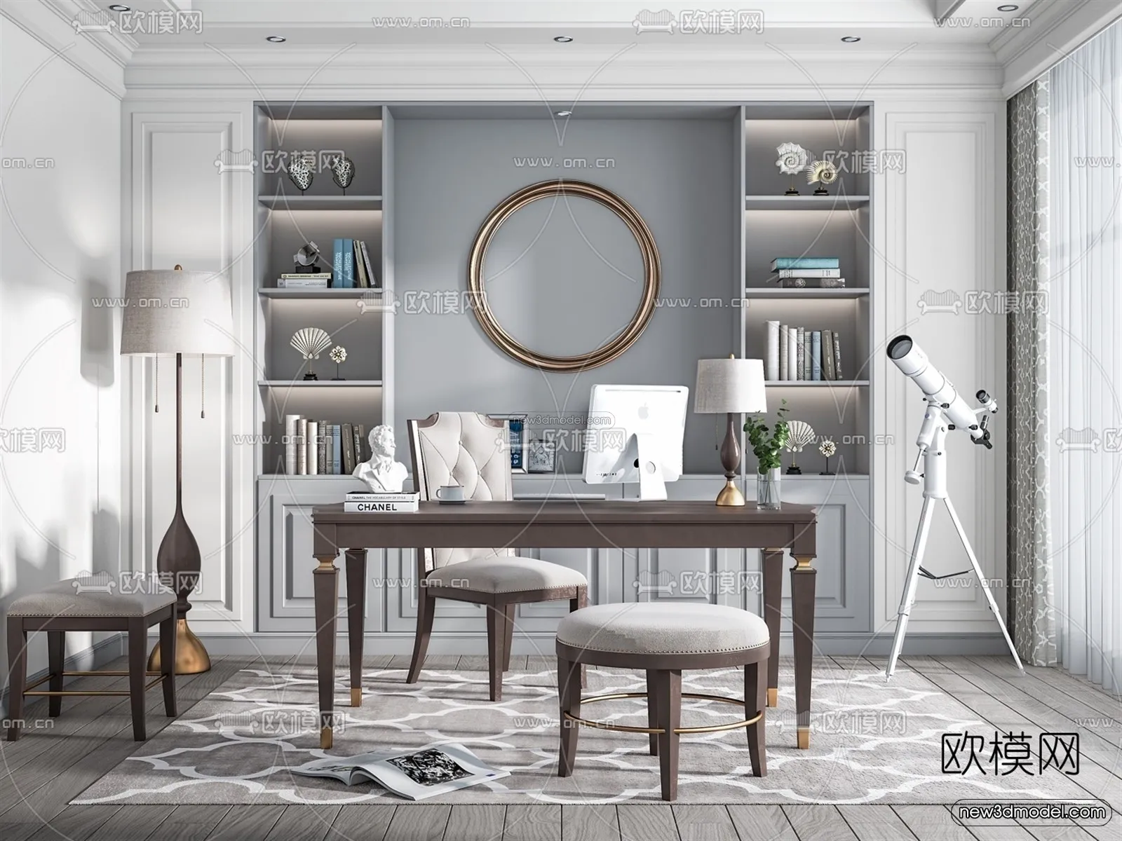 Europe Style Interior 3D Blocks – Study Room 3D Model – 343 – VRAY