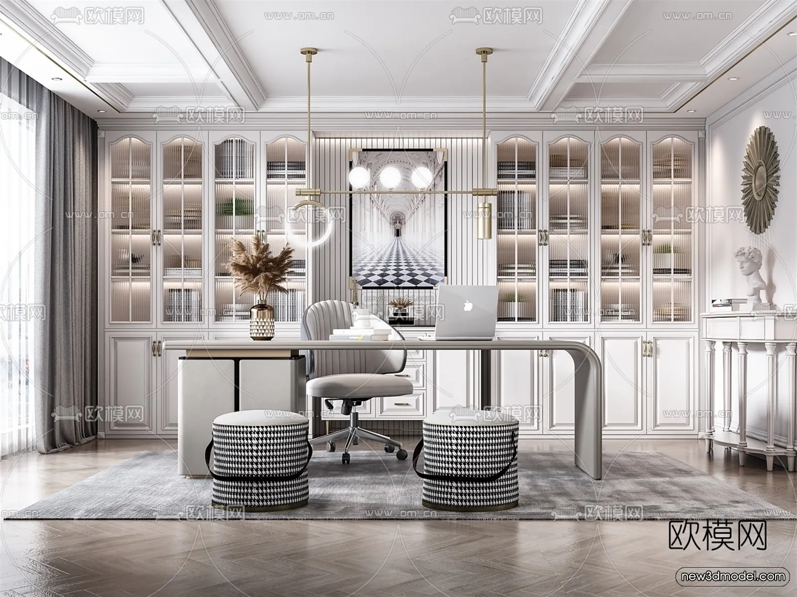 Europe Style Interior 3D Blocks – Study Room 3D Model – 345 – VRAY