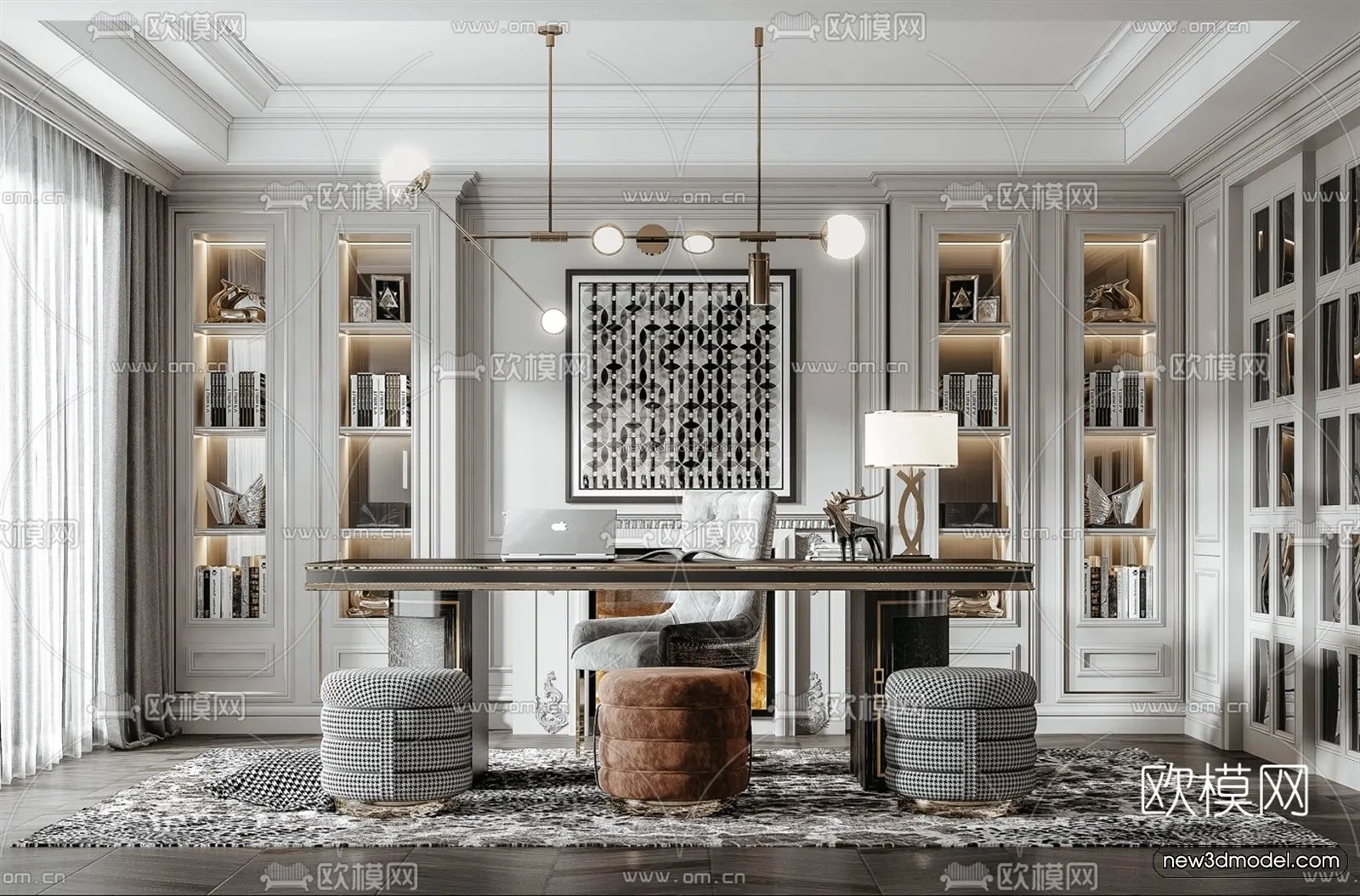 Europe Style Interior 3D Blocks – Study Room 3D Model – 346 – VRAY