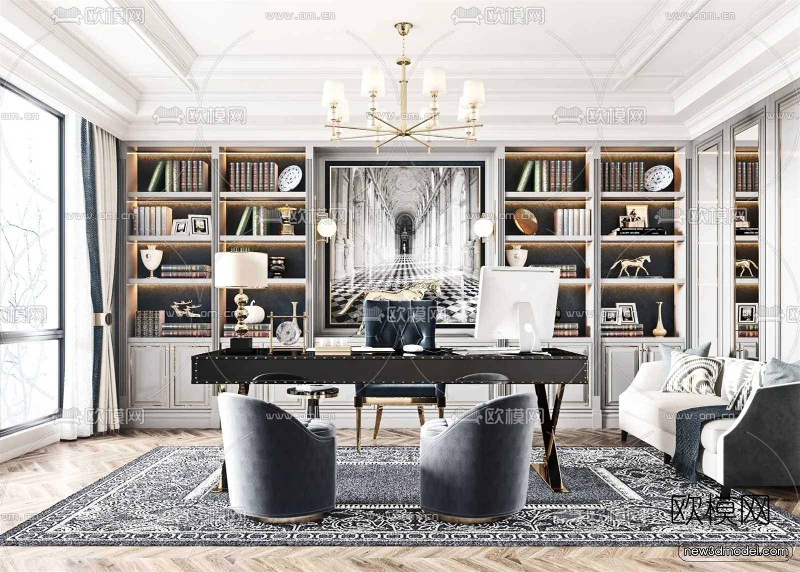 Europe Style Interior 3D Blocks – Study Room 3D Model – 347 – VRAY