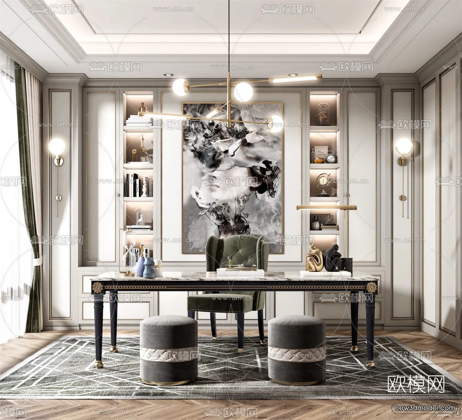 Europe Style Interior 3D Blocks – Study Room 3D Model – 348 – VRAY