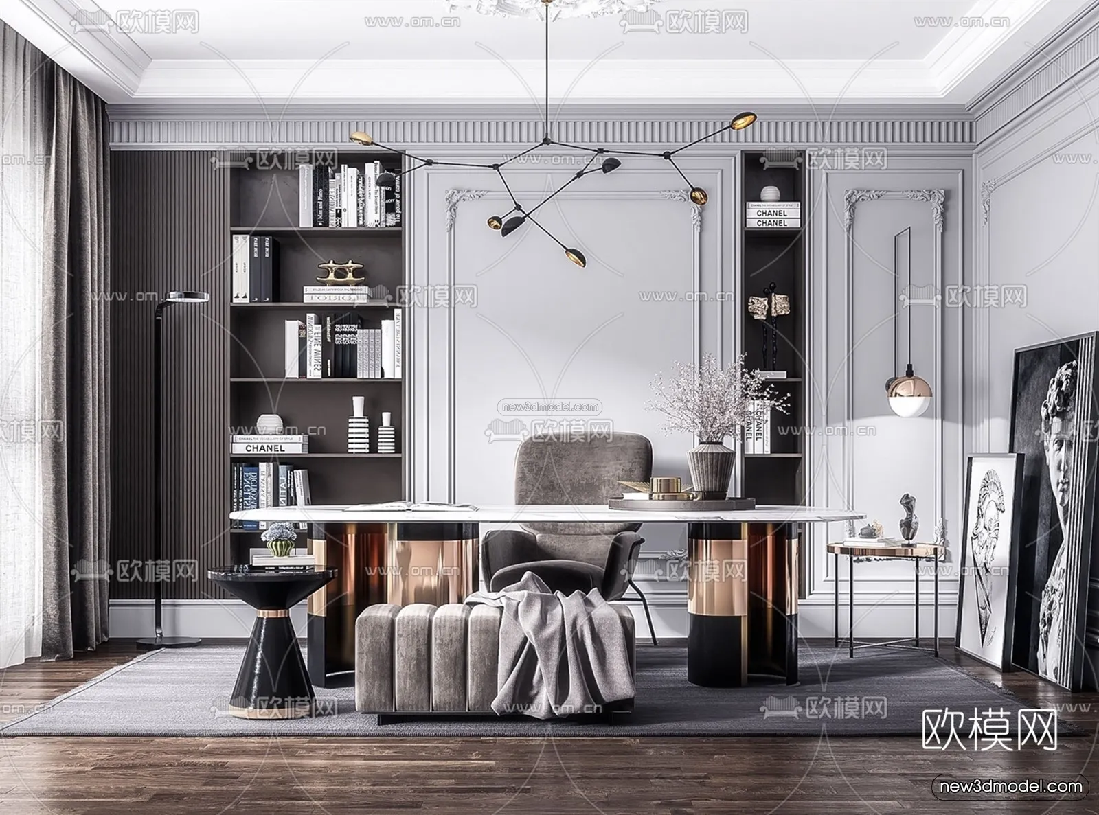 Europe Style Interior 3D Blocks – Study Room 3D Model – 352 – VRAY