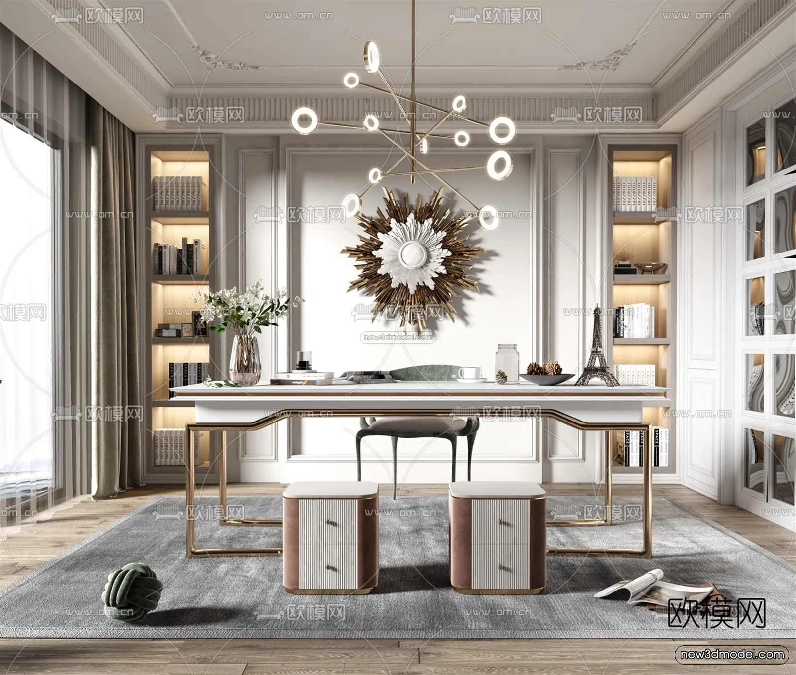 Europe Style Interior 3D Blocks – Study Room 3D Model – 353 – VRAY