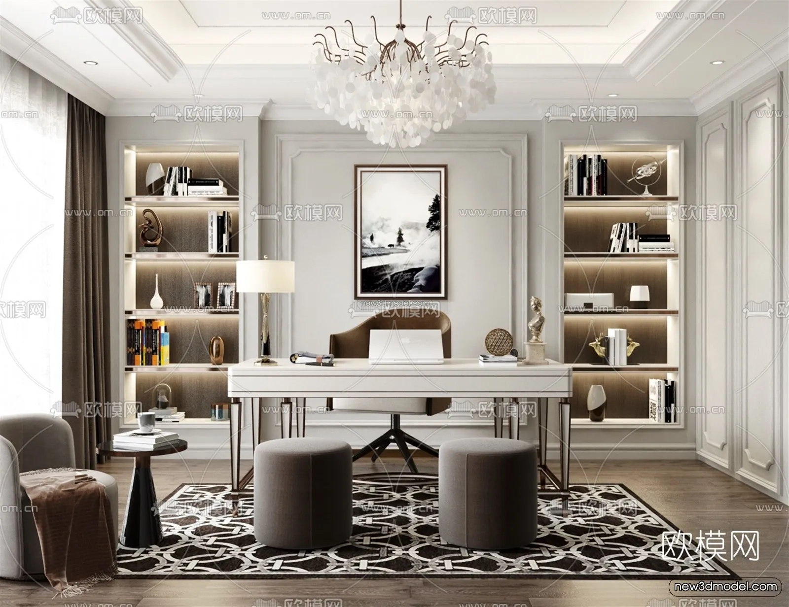 Europe Style Interior 3D Blocks – Study Room 3D Model – 354 – VRAY