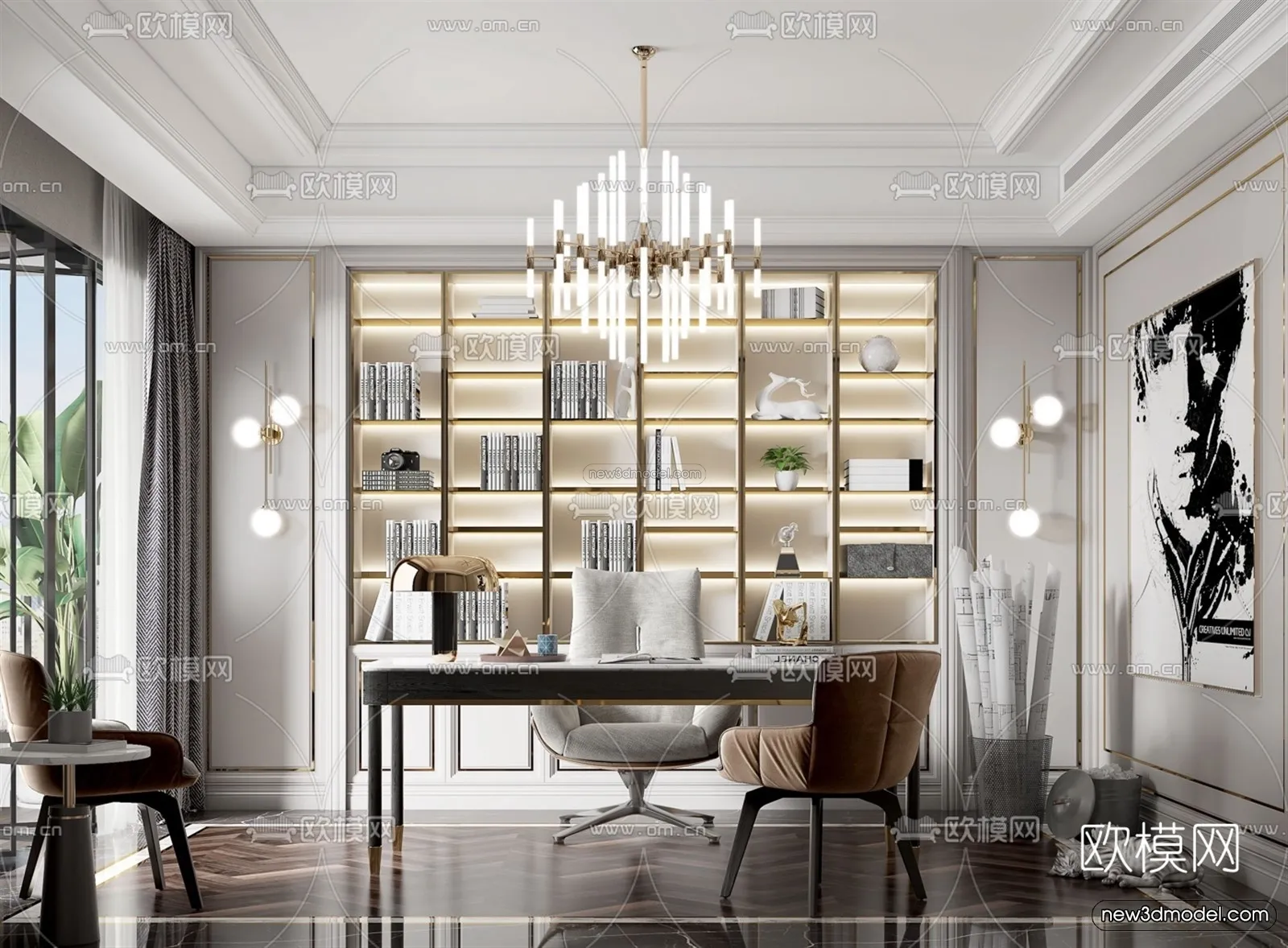 Europe Style Interior 3D Blocks – Study Room 3D Model – 356 – VRAY