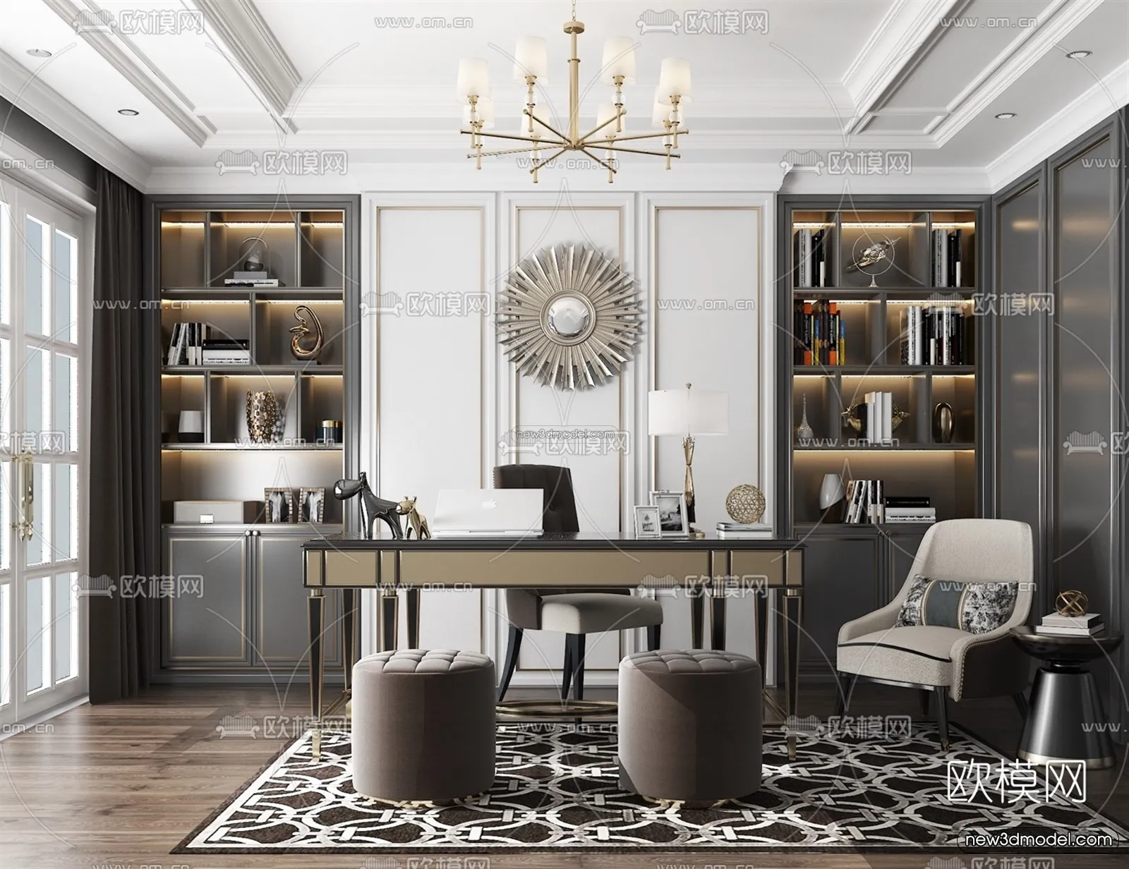 Europe Style Interior 3D Blocks – Study Room 3D Model – 357 – VRAY