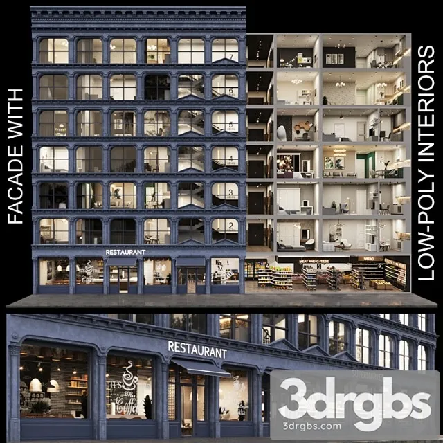 Facade With 20 Residential and Public Low Poly Interiors 1 3D Model Download