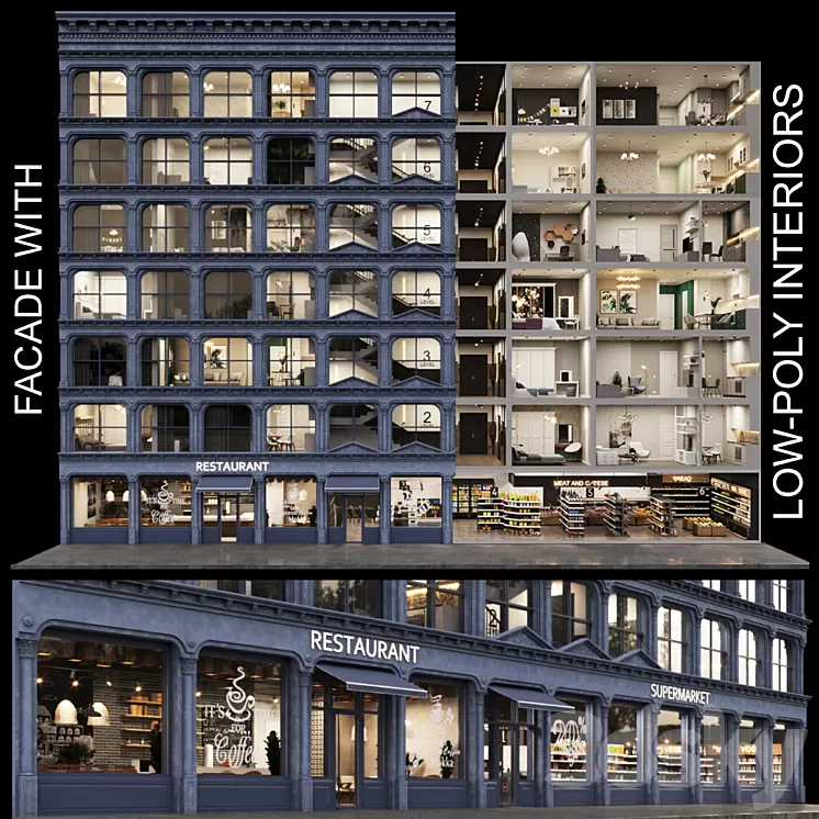 Facade with 20 residential and public low-poly interiors 3D Model