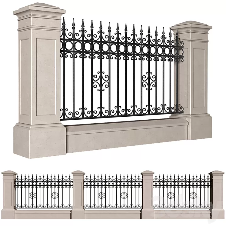 Fence in classic style with wrought iron railing.Entrance to the house.Wrought Iron Entry Gate 3D Model
