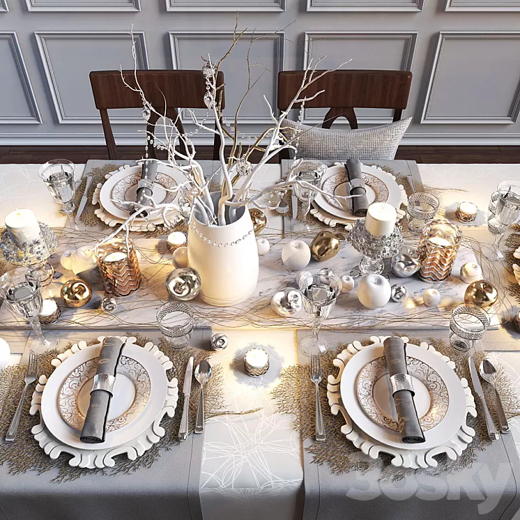 Festive table setting with apples 3D Model