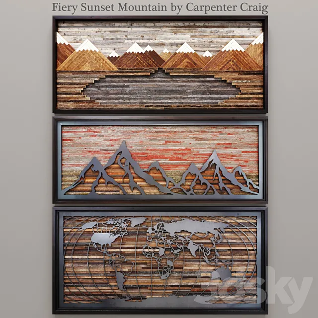 Fiery Sunset Mountain by Carpenter Craig set of paintings panels mountains wall decor wooden slats boards world map 3D Model Fiery Sunset Mountain by Carpenter Craig set of paintings panels mountains wall decor wooden slats boards world map 3D Model