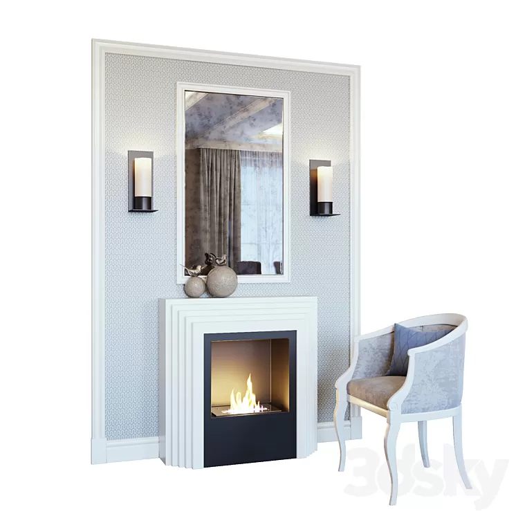 Fireplace sconce mirror panel decor and armchair (Fireplace sconce Rum decor and armchair YOU) 3D Model