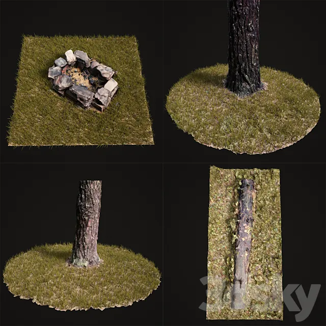 Fireplace tree trunks logs grass 3D Model
